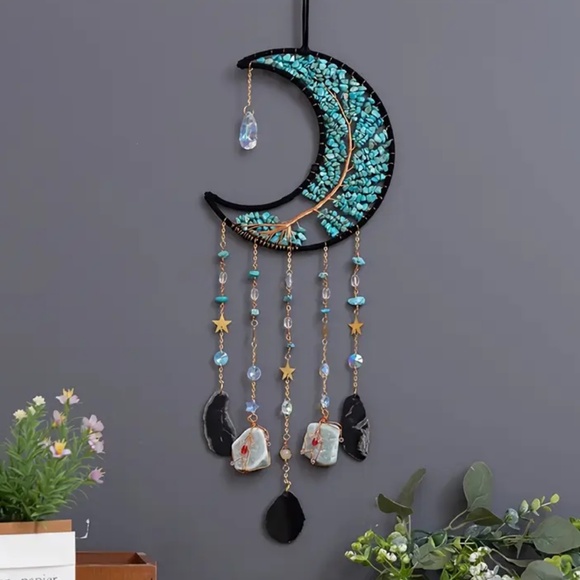NWT! Genuine Turquoise Chips Crescent Moon with Agate Slabs Wall Decor Large!